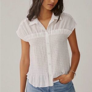 Pilcro White Smocked Ruffled Button Down Blouse